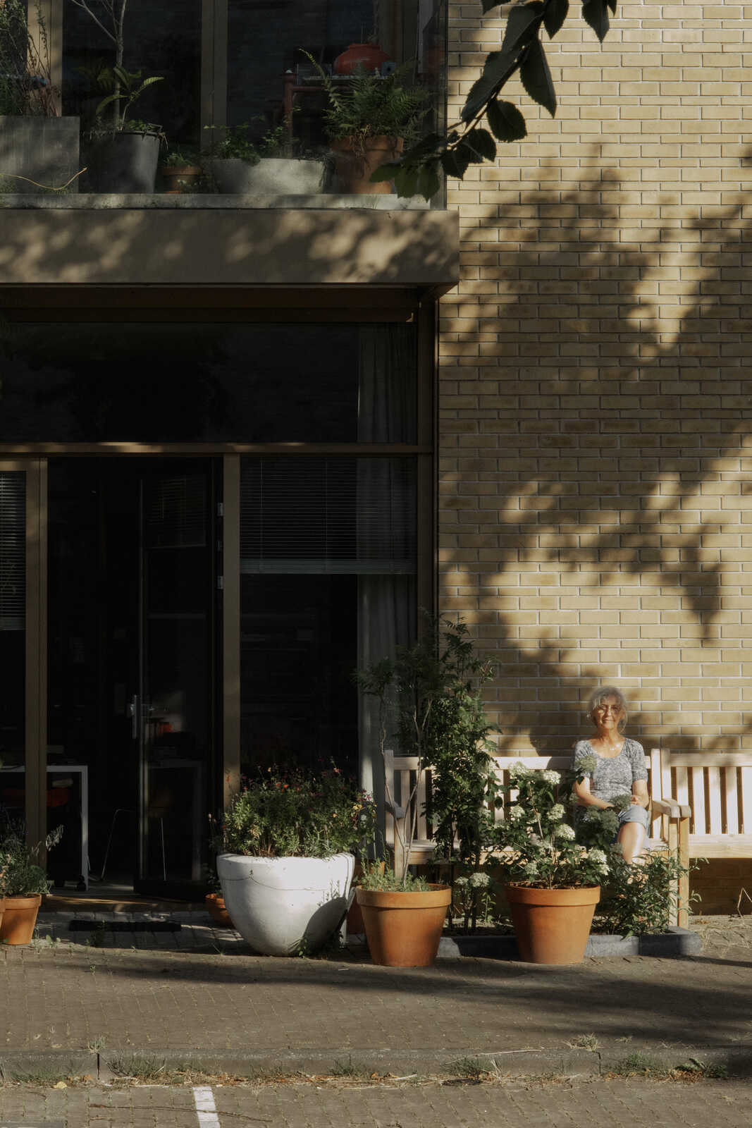A person sits on a bench in front of a brick wall and large windows. Several potted plants are arranged nearby on a paved area. Sunlight filters through trees, creating shadows.