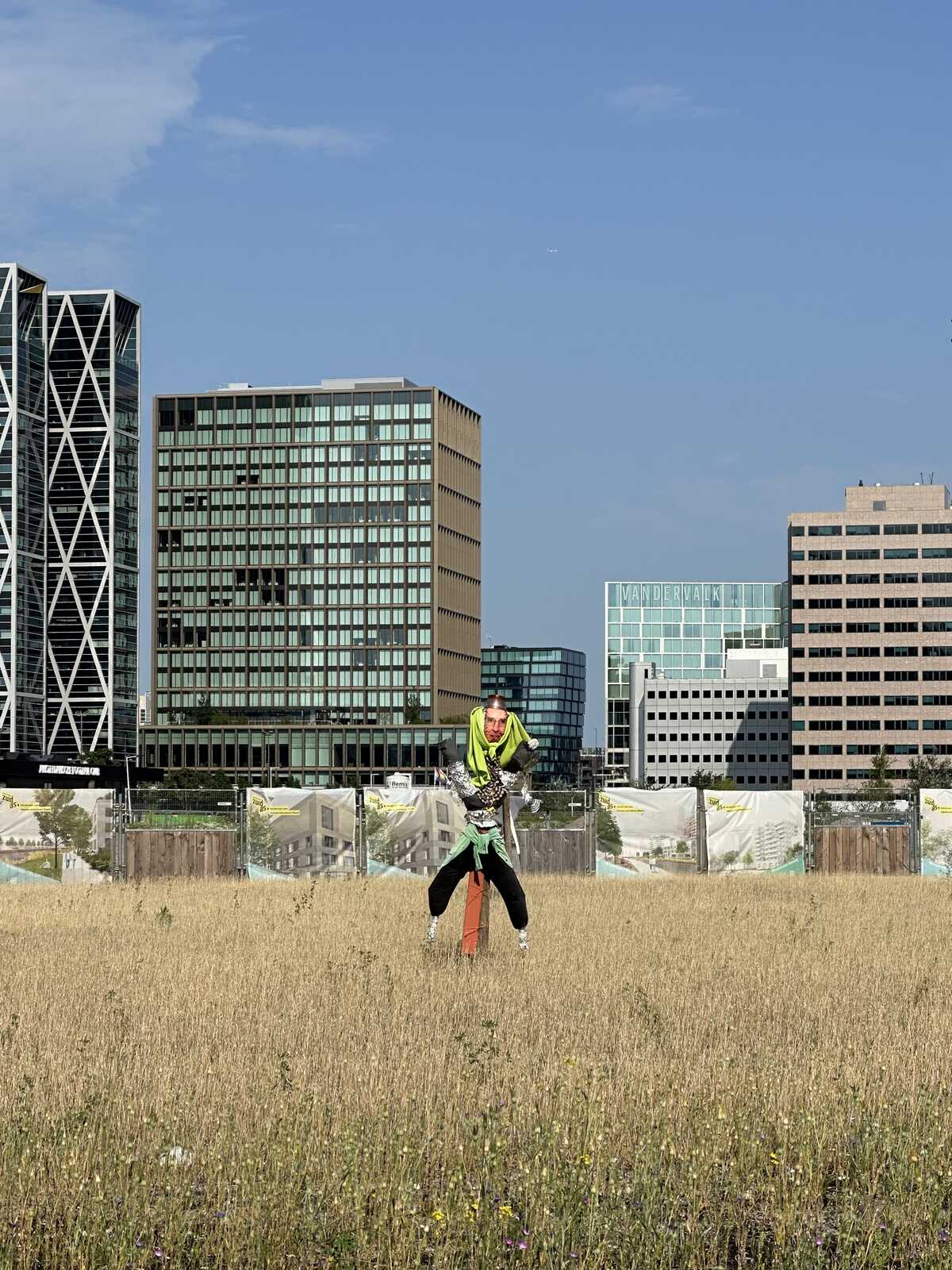 A scarecrow stands in tall, dry grass. Several modern high-rise buildings are visible in the background under a clear blue sky. A fence borders the field.