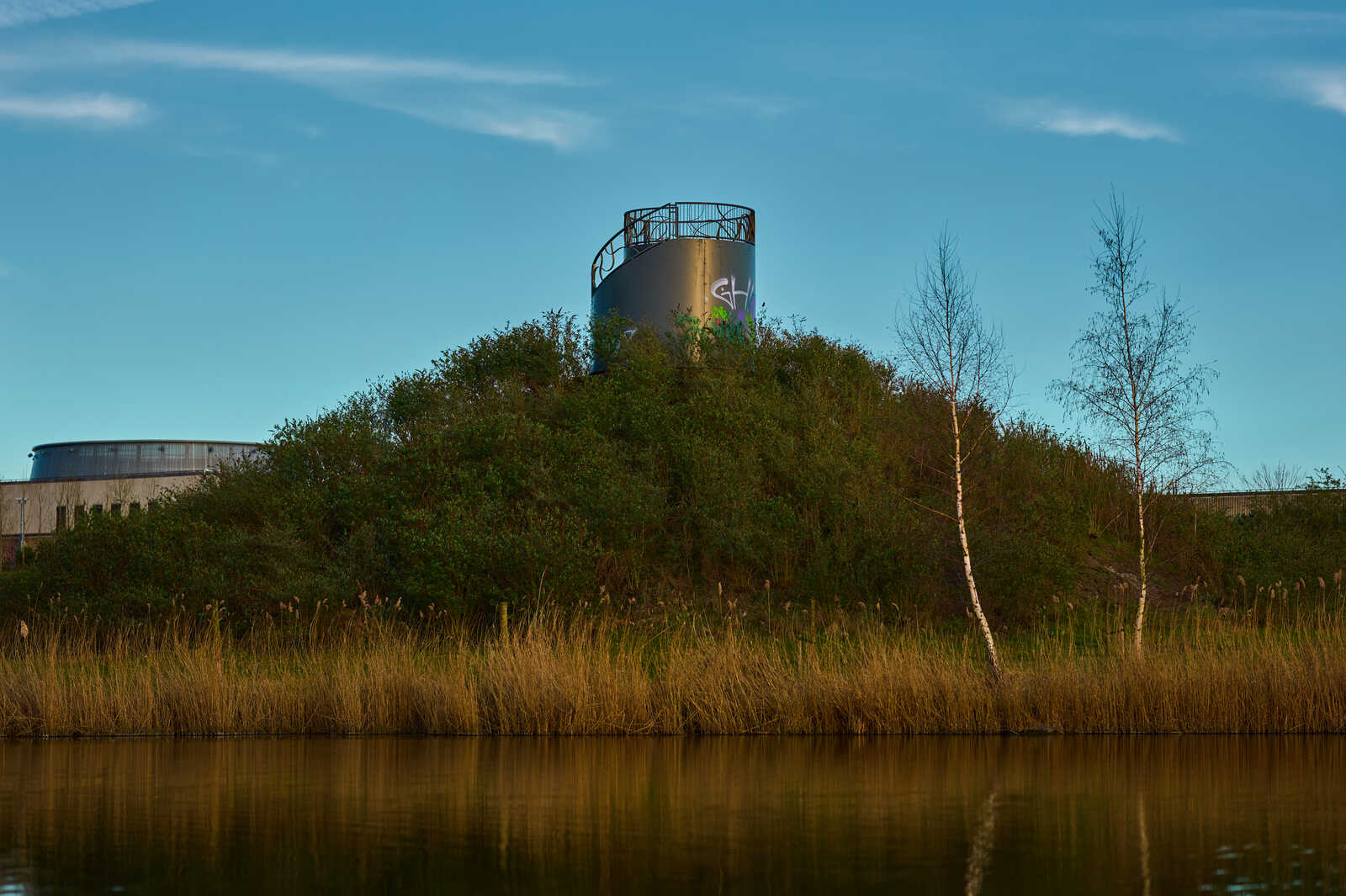 A tall, cylindrical metal structure with a viewing platform sits amidst lush green foliage and reeds. A calm body of water reflects the scene under a clear blue sky. A birch tree stands nearby.
