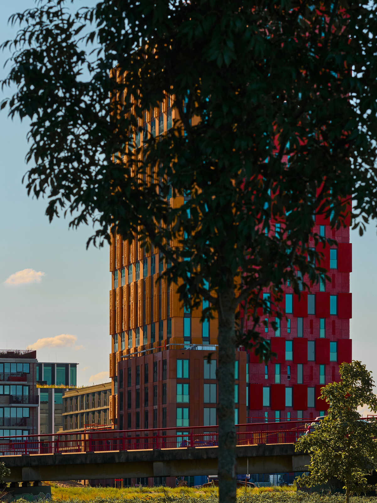 A tall, modern building with a red and orange facade is partially obscured by a tree. A bridge and other buildings are visible in the background under a partly cloudy sky. A grassy area is in the foreground.