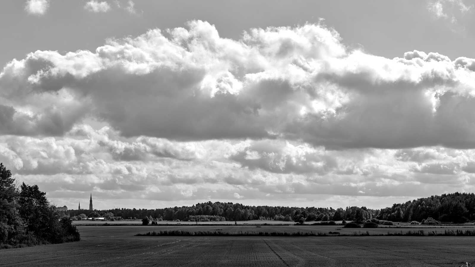 Vast, plowed field and sparse trees. A distant church spire rises above a dense tree line. Dramatic, billowing clouds dominate the sky.