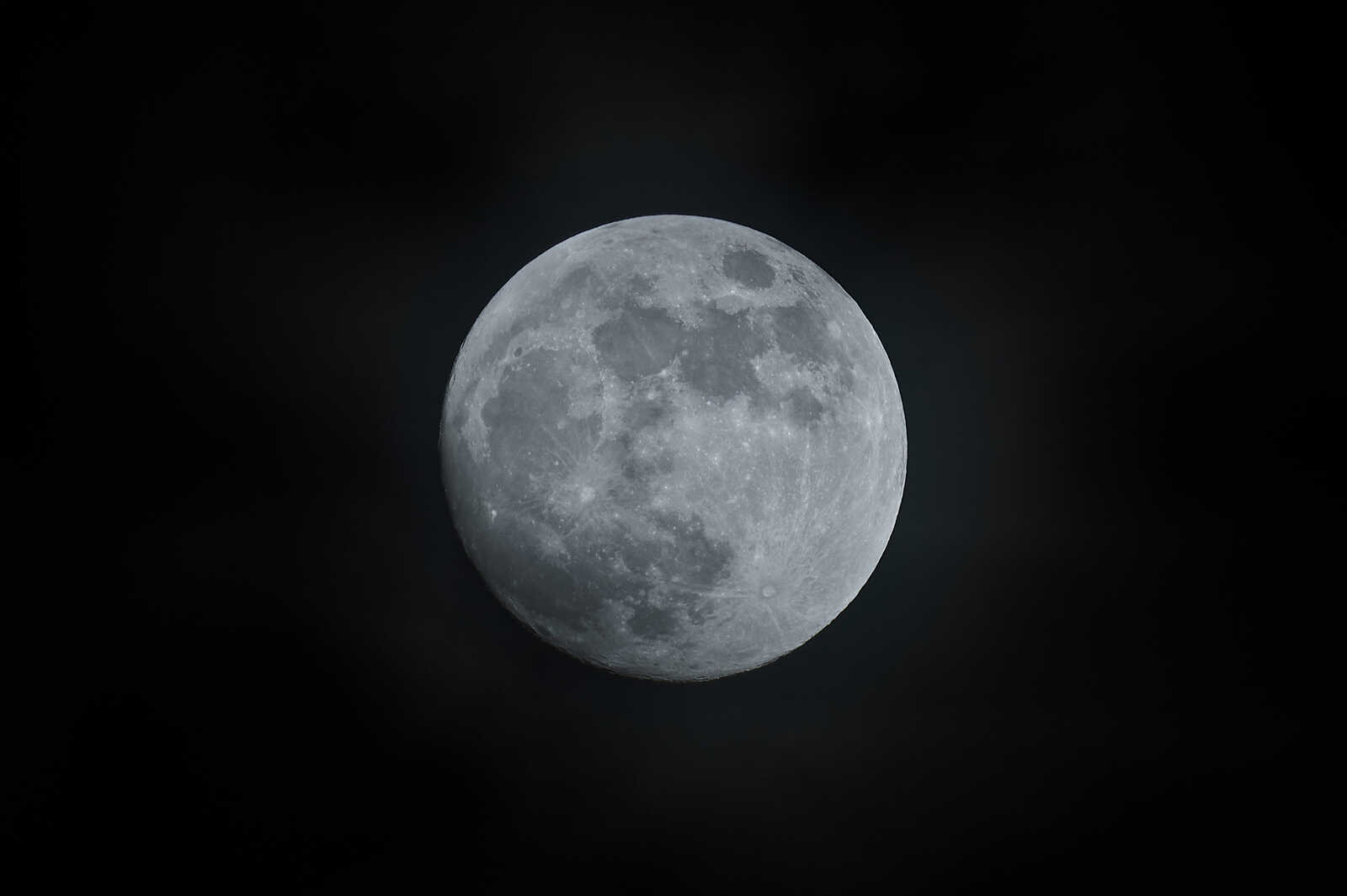 Full moon. Grey surface with numerous craters and light-colored plains. Dark shadows fill deep impact zones. Bright highlights contrast with darker areas. Clean, crisp detail. Against a black background.