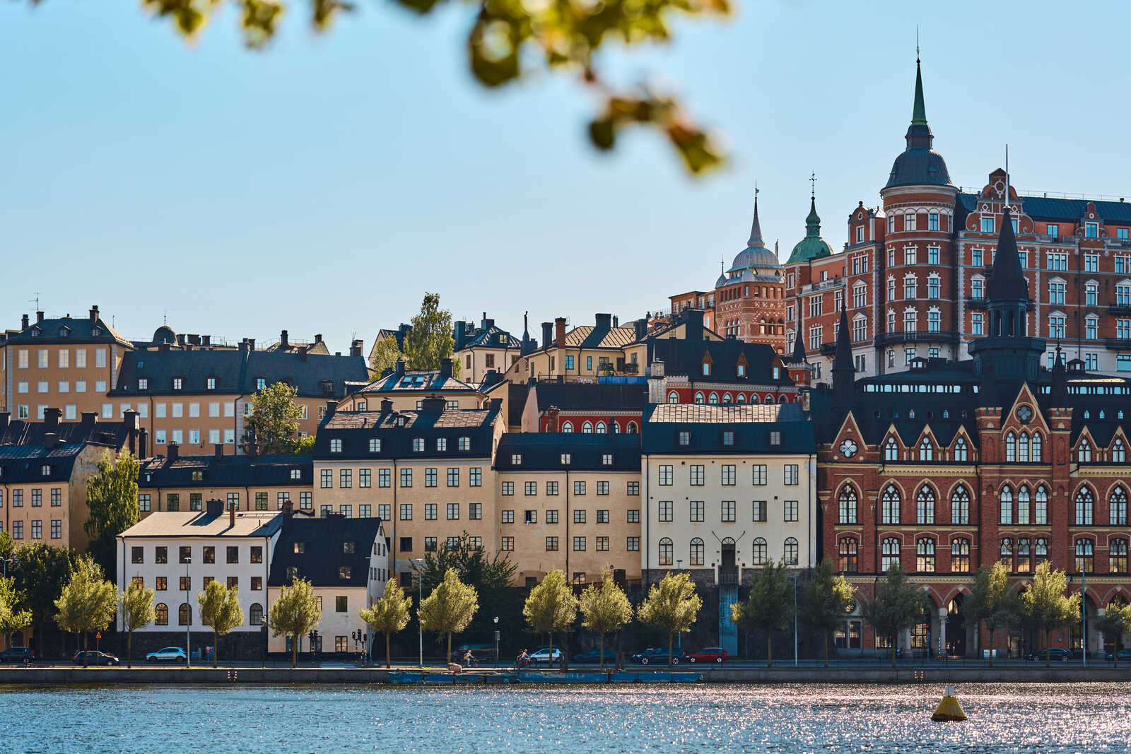 A waterfront view of colorful, multi-story buildings with various roof styles and ornate details. A few trees line the edge of the water. A clear blue sky is overhead.