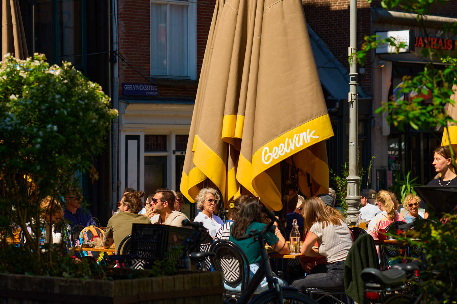 Outdoor cafe scene with yellow awning labeled Geelvink. Several people are seated at tables. Bikes are parked nearby, and greenery fills the background. Bright daylight.