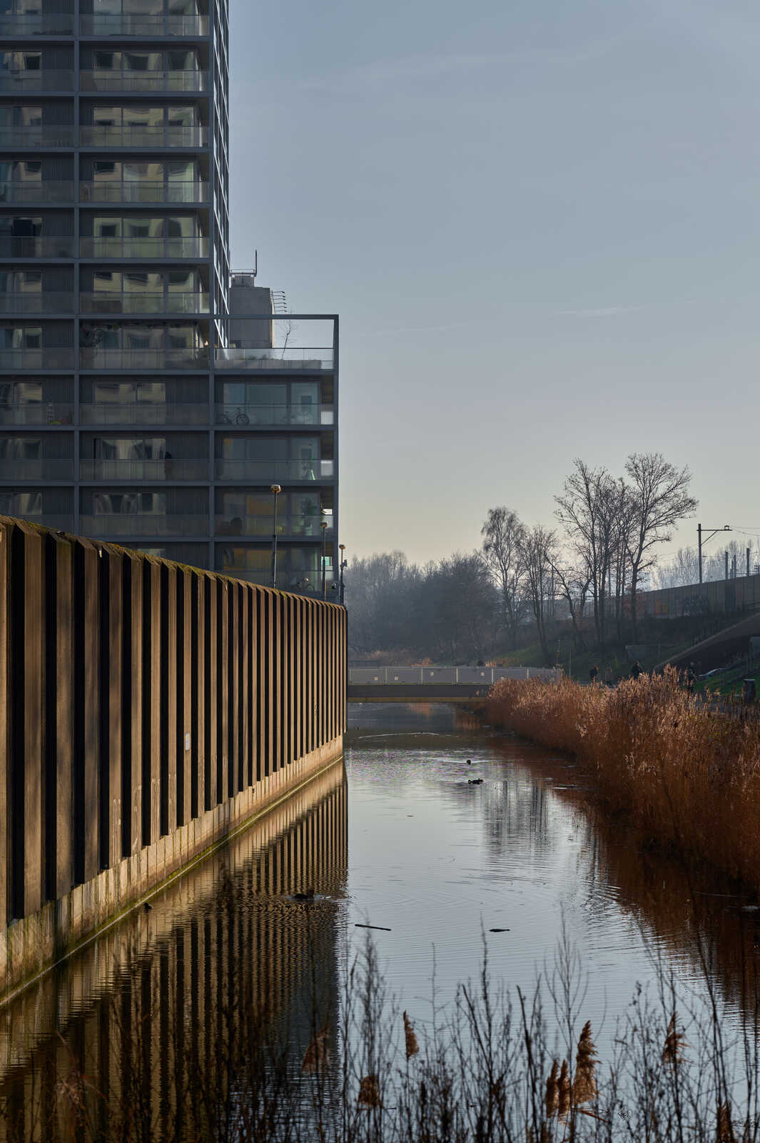 A concrete barrier runs alongside a calm waterway. Reeds and a modern apartment building are visible, reflected in the water. Sky is overcast. A bridge is faintly seen in the distance.