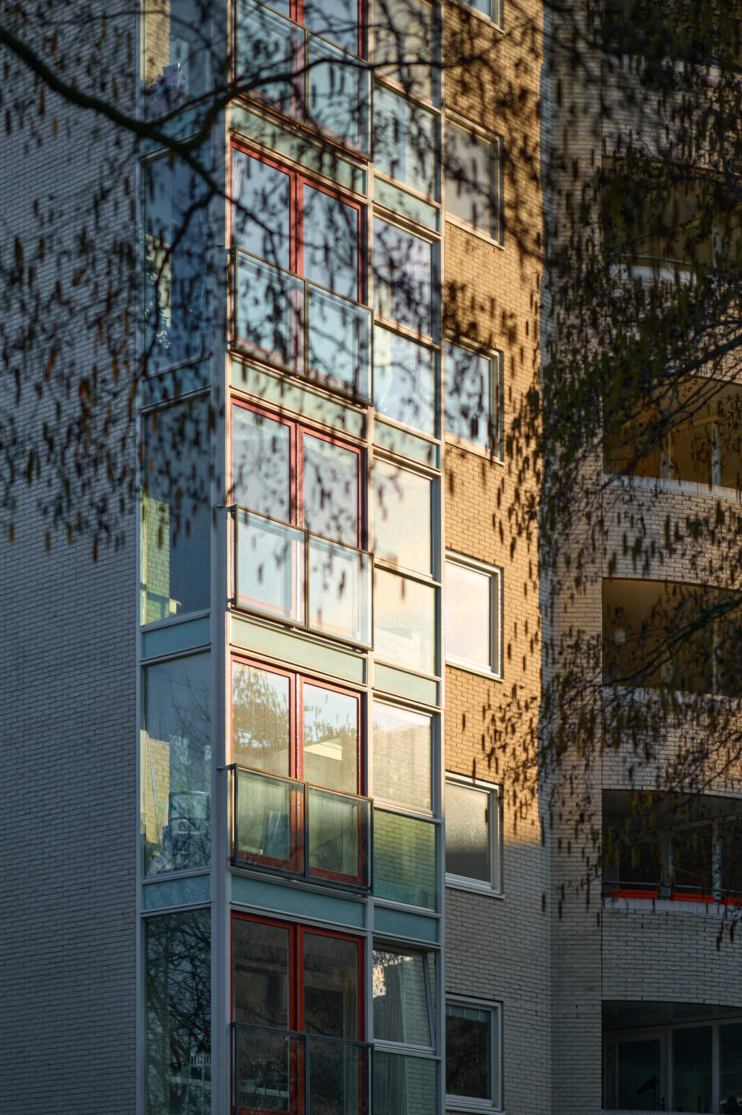 A gray building with a grid of windows and red-framed balconies. Shadow of trees is visible on the right side of the building. The sun illuminates the windows.