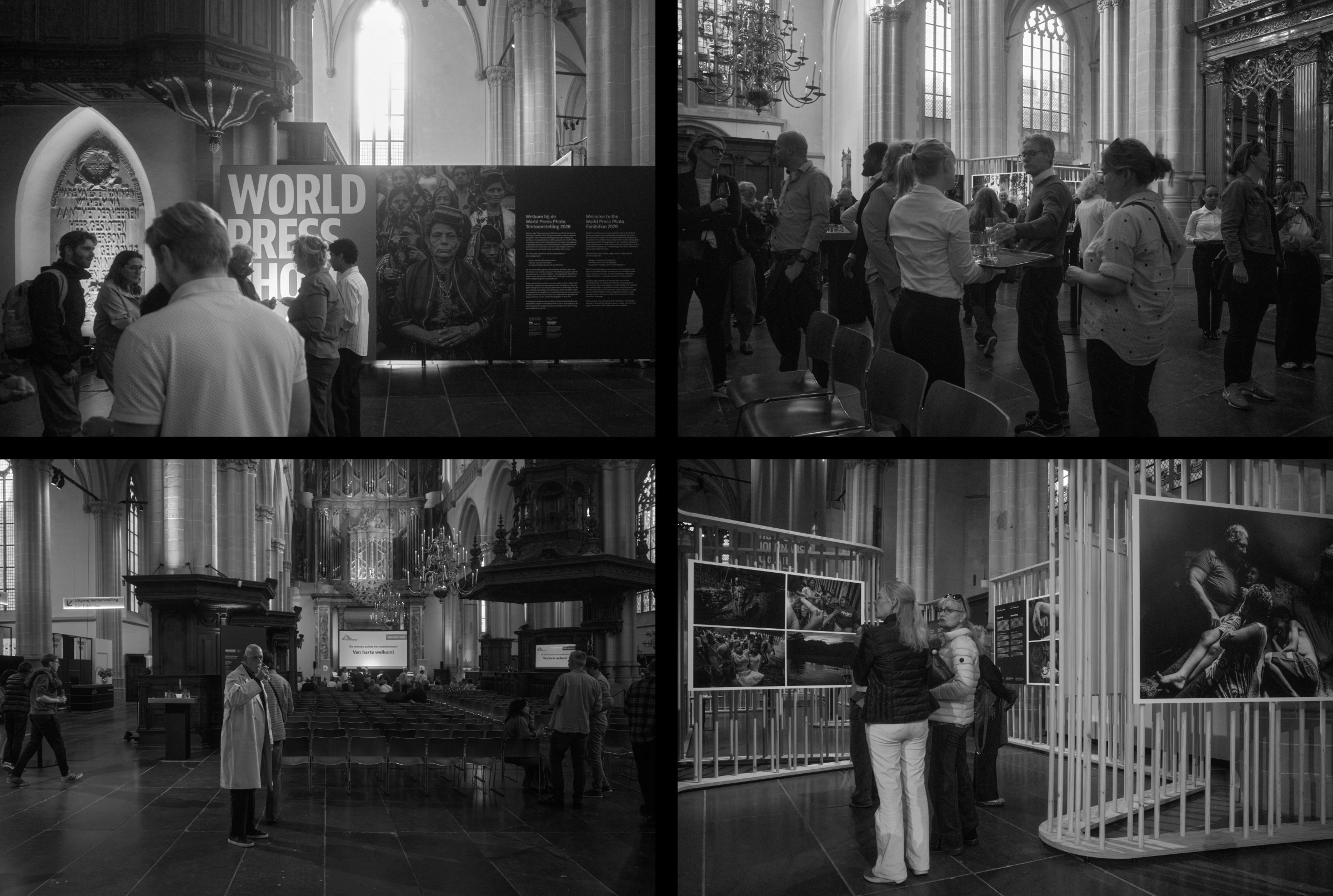 Black and white photo collage of a large church interior. Several people are viewing exhibits. A large organ is visible in the background.